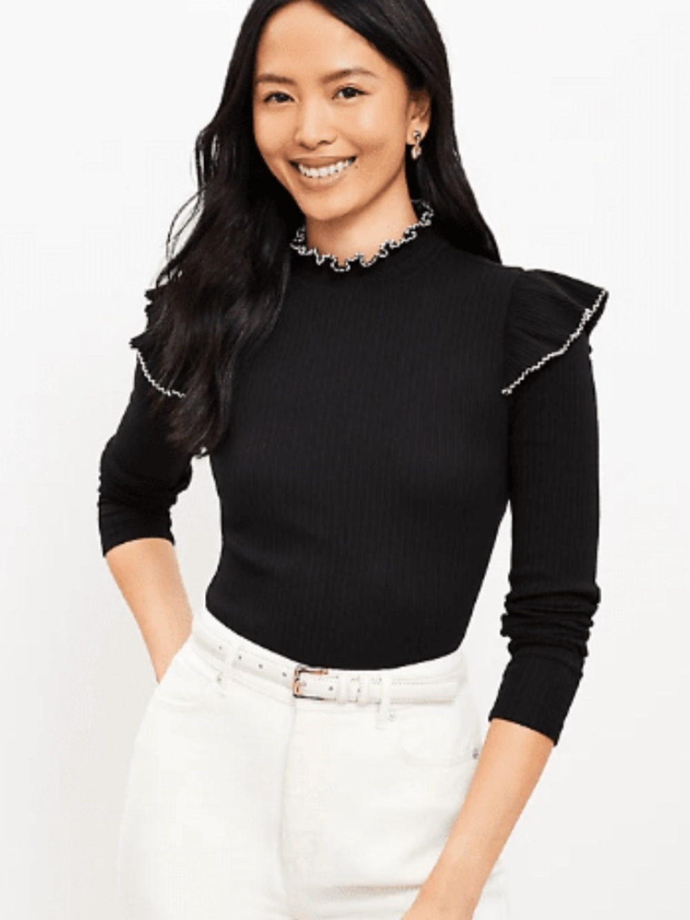 Loft Black Ruffled Trim Mock Neck Top - Women